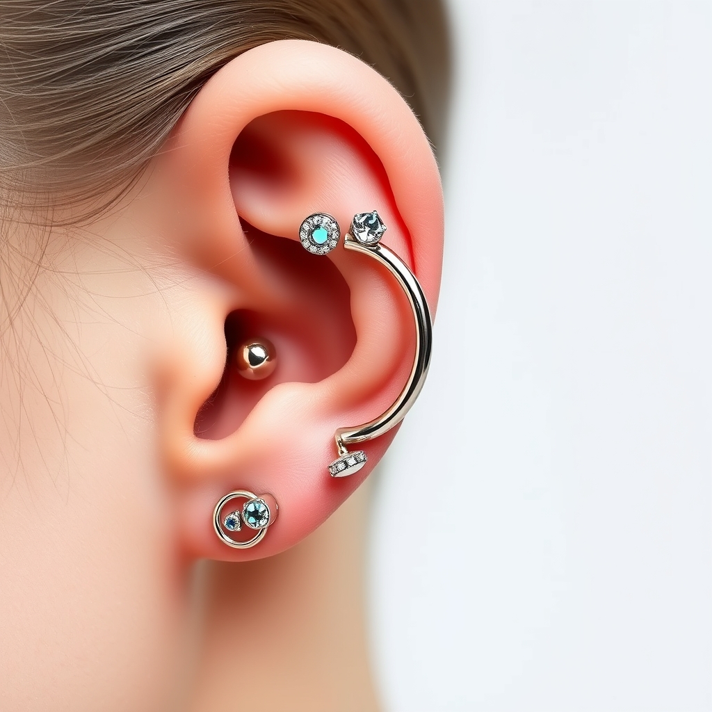Related body jewelry piercing design - Stunning Floral Crown Ear Piercing Design - AI generated piercing idea