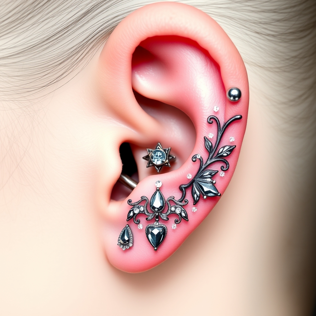 Related body modification piercing design - Tiny Floral Pattern Ear Lobe Piercing - AI generated piercing idea