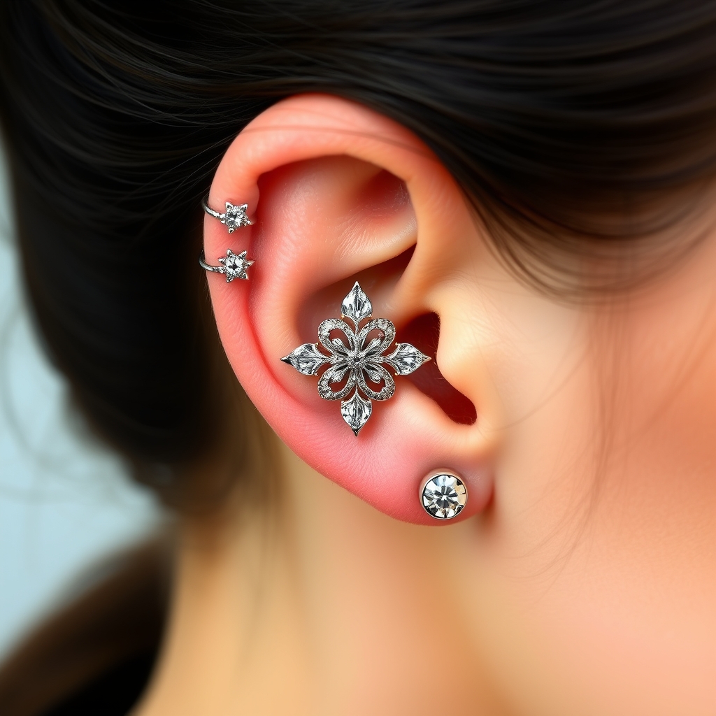 Related ear piercings piercing design - Delicate Floral Pattern Ear Piercing Design - AI generated piercing idea